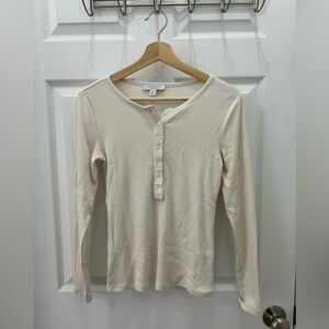 Ann Taylor Ivory Ribbed Henley Long Sleeve Top